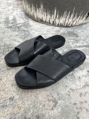 POPPY BARLEY Leather Cross Slide Sandals Flats Reptile Print Summer Travel Chic